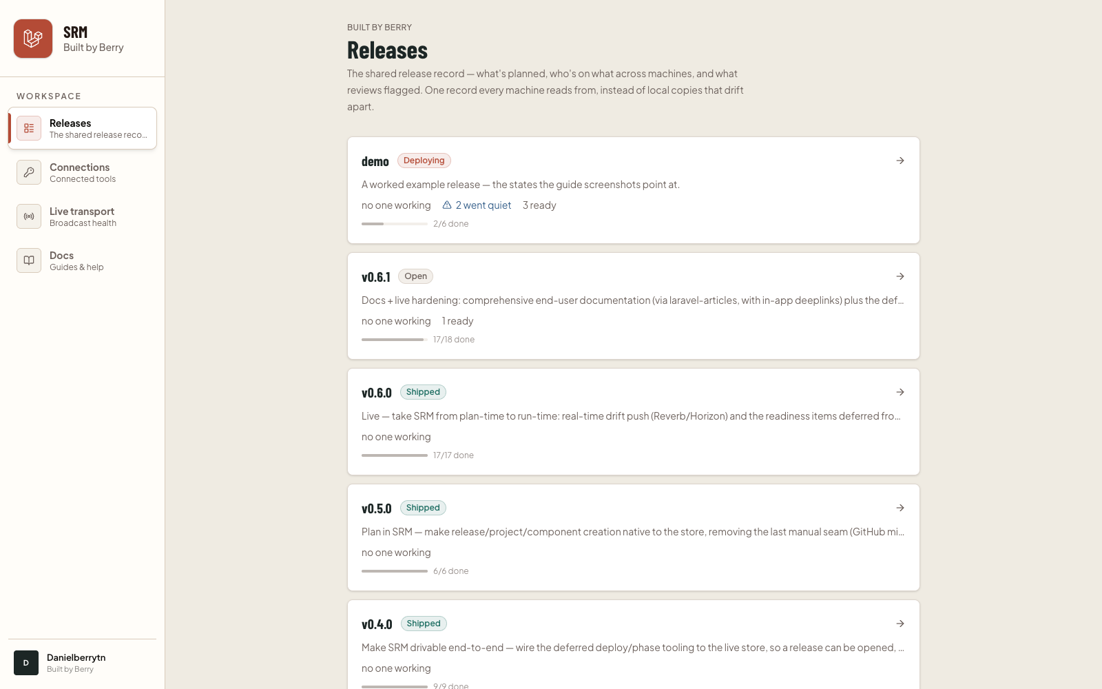 The workspace Releases list, one card per release